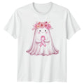 Cute Ghost Wearing Pink Ribbon Womens T-Shirt Breast Cancer Awareness Gift