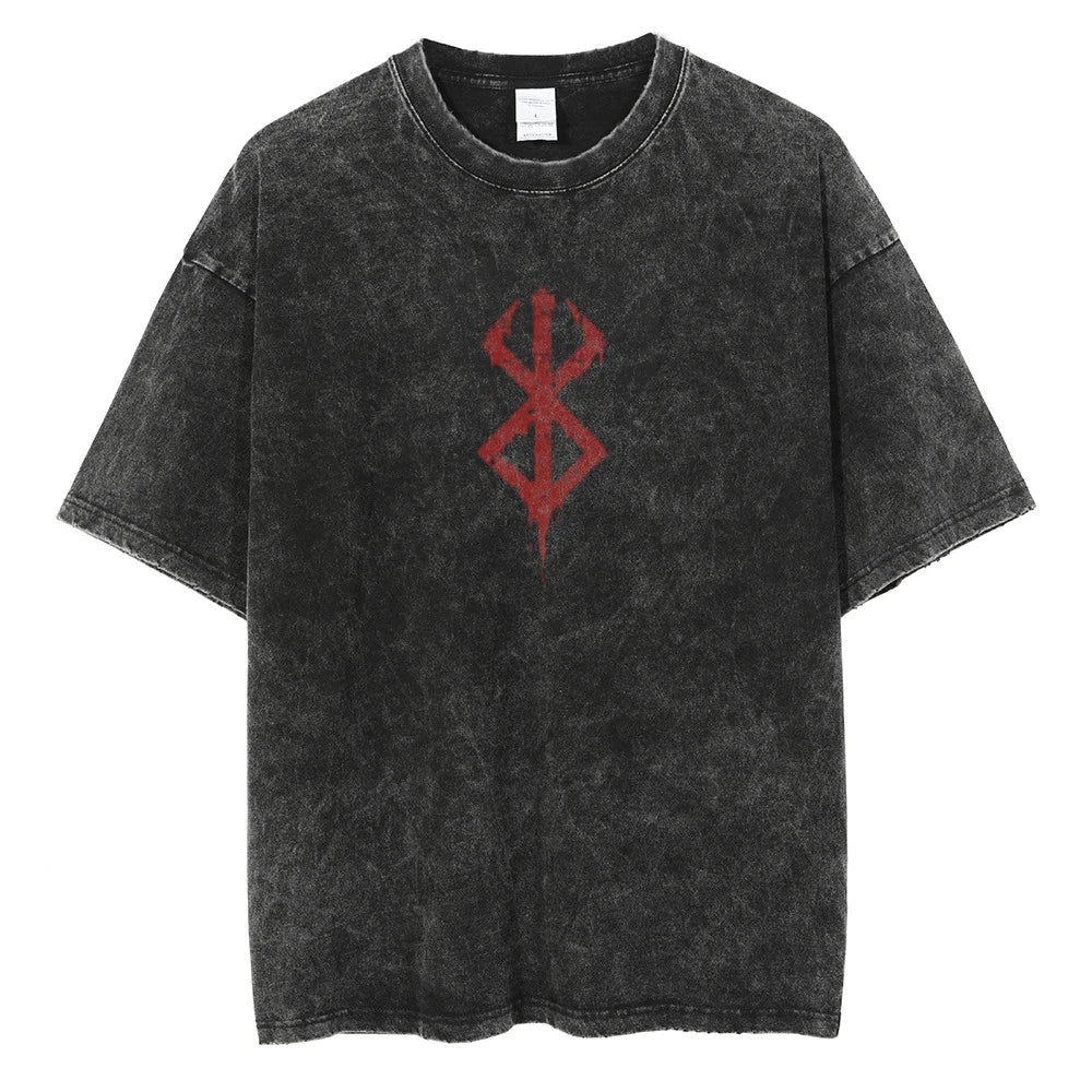 Mens Washed Black Rune Graphic Tee Oversized Cotton T Shirt Vintage Streetwear