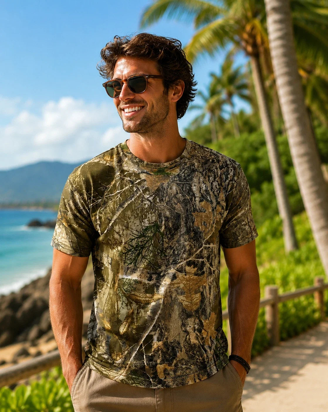 Mens T Shirt Fishing Jungle Camouflage Short Sleeve Casual Cotton Summer camo