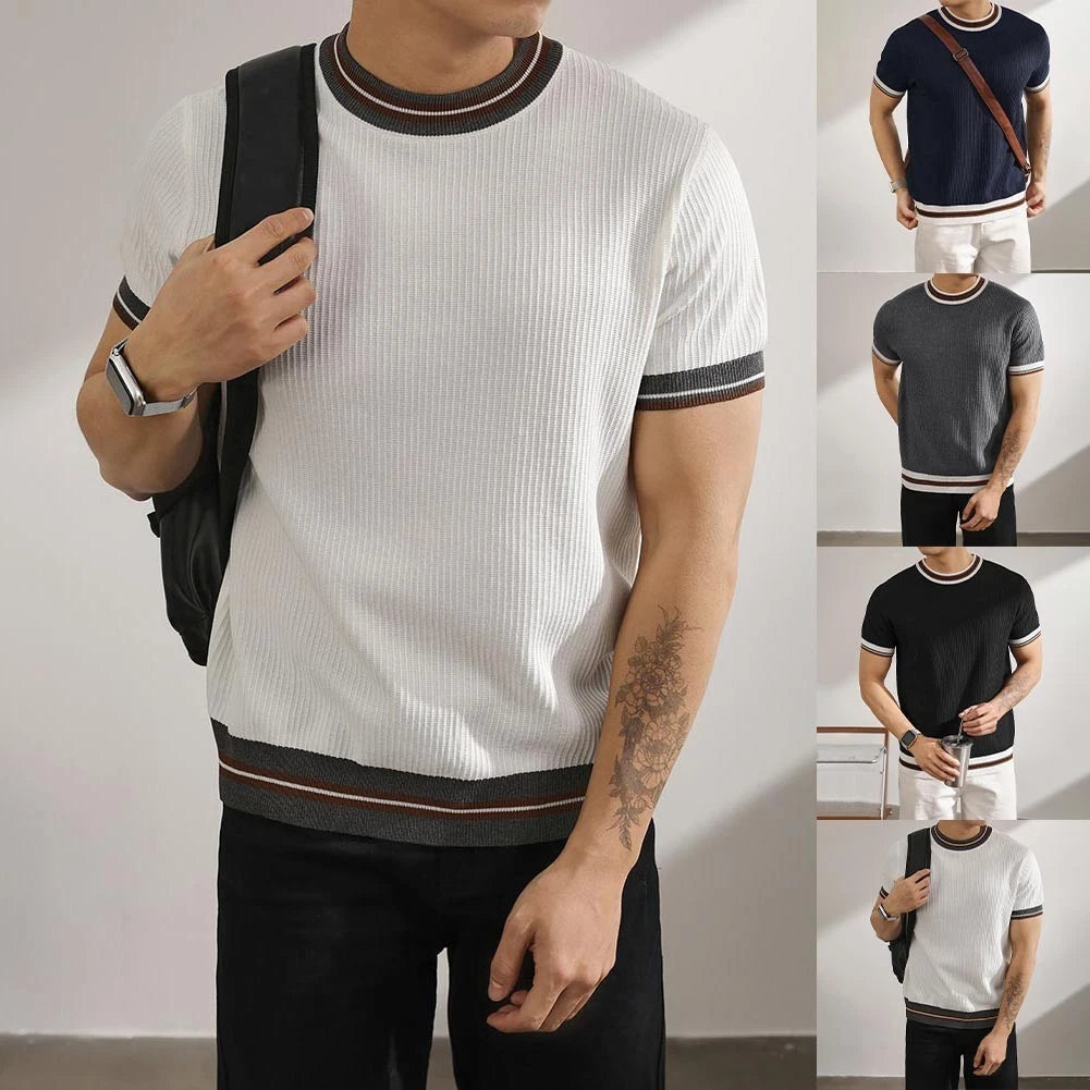Knitted Slim Fit Short Sleeve Top for Men Polyester 90% Spandex 10% Blend