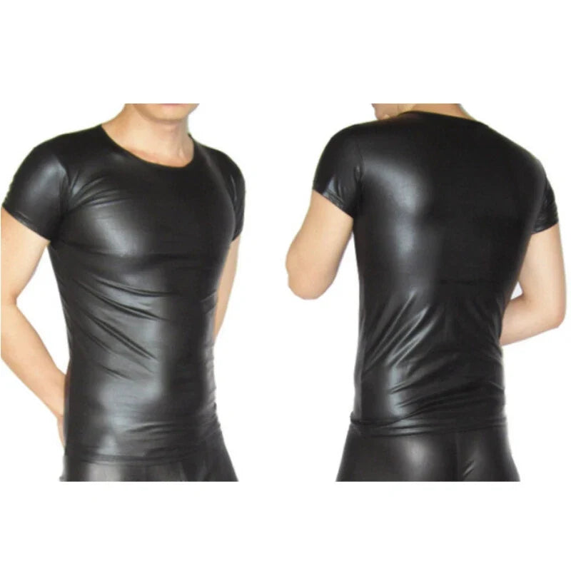 Men Faux Leather T-Shirt Matte Stretchy Slim Fitted Short Sleeve Tops Soft