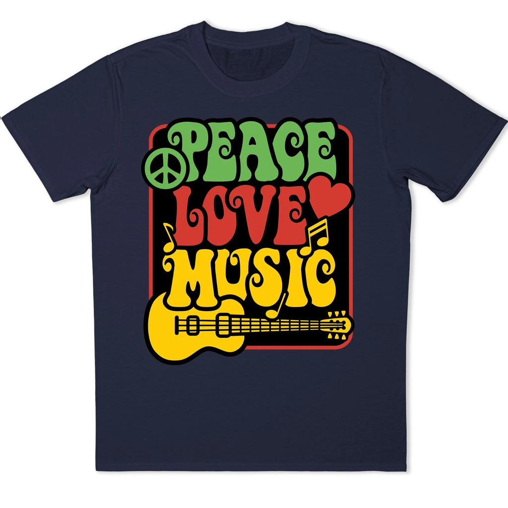 Peace Love Music Retro Graphic T-Shirt Guitar Hippie Festival Vibe Tee
