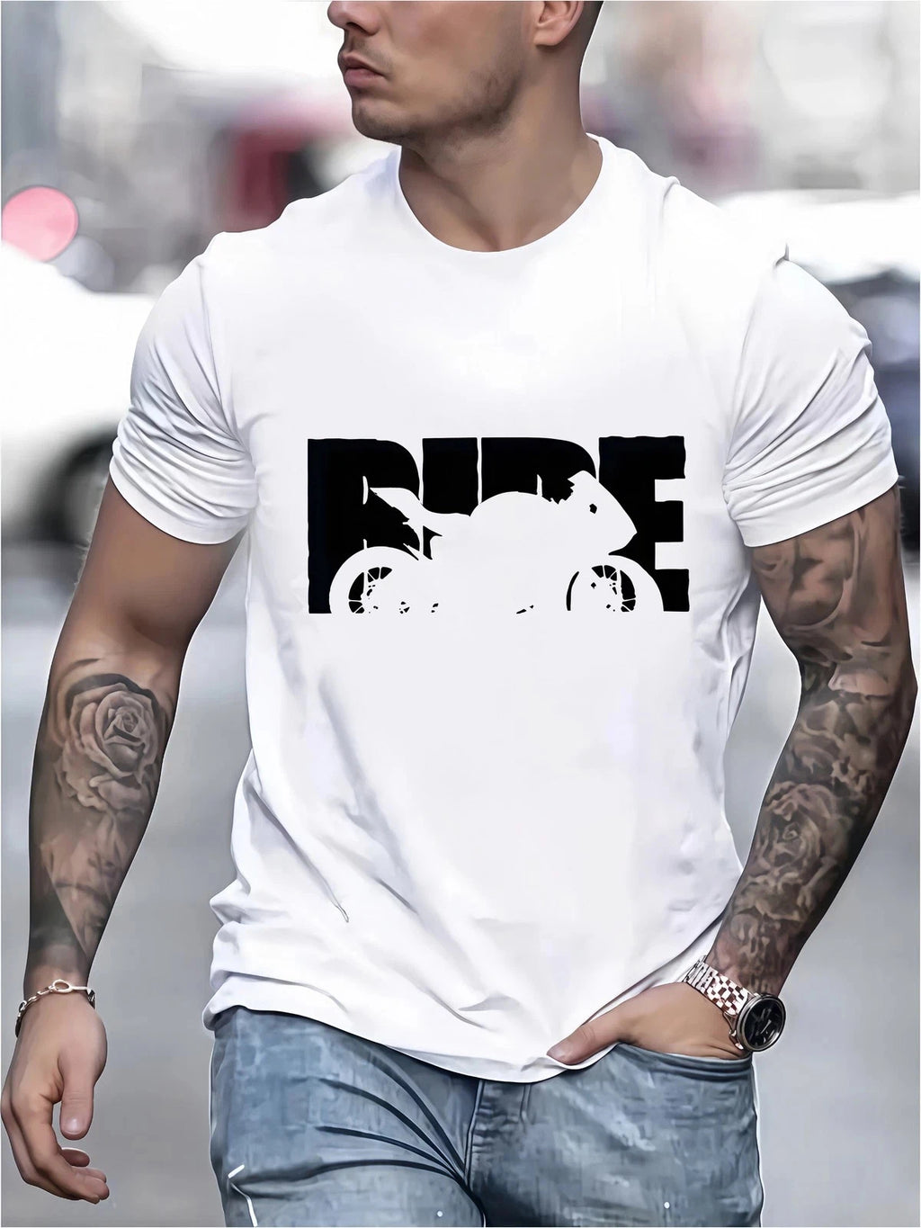 Vintage Ride Motorcycle Graphic T-Shirt Men's Biker Street Style Tee