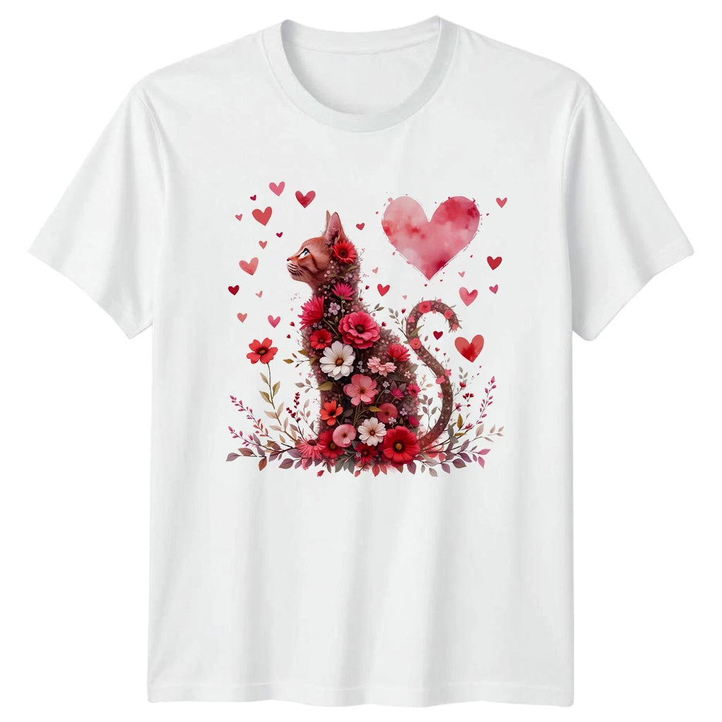 Cat Floral Heart Animals Mens T-Shirt Womens Graphic Tee Feline Lover