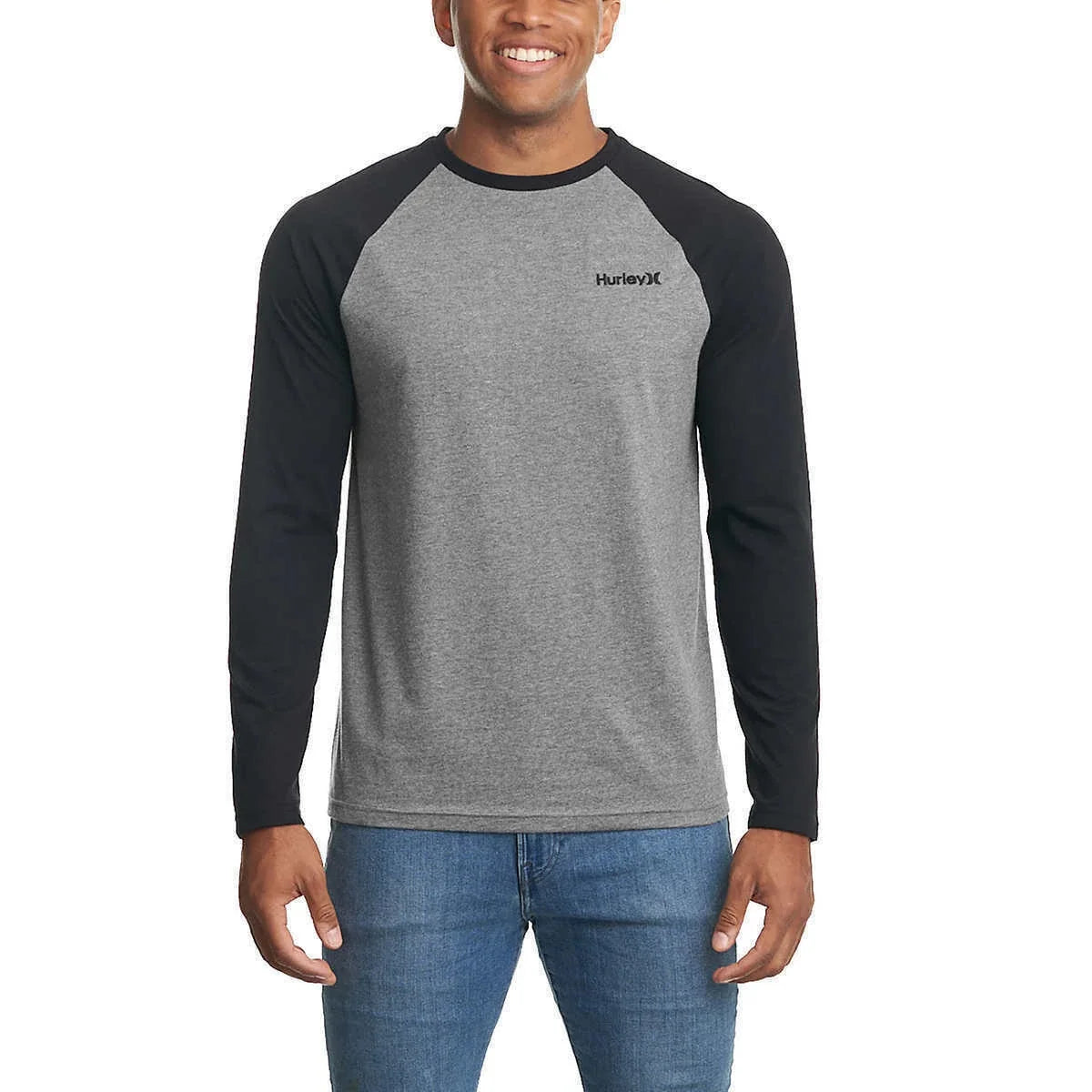 Hurley Men's Raglan Embroidered Logo Long Sleeve Tee T-Shirt Large