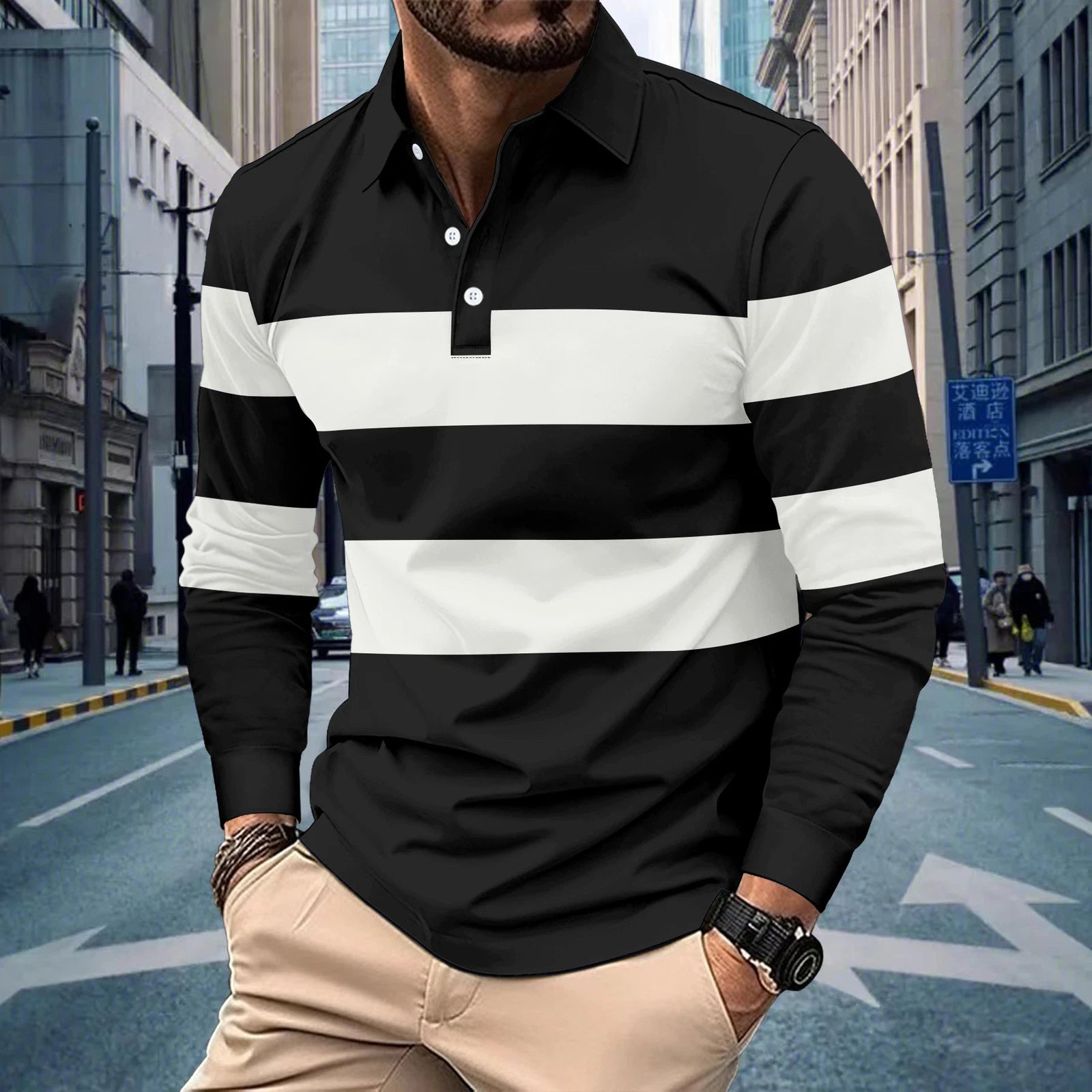 Men's Long Sleeve Fashion POLO Shirt Classic Button Casual Baggy Shirts
