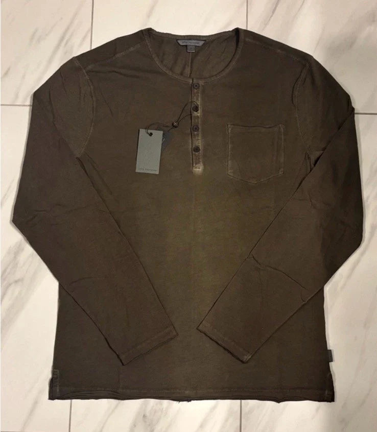 John Varvatos Men’s Henley Long Sleeve T-Shirt Dark Olive New