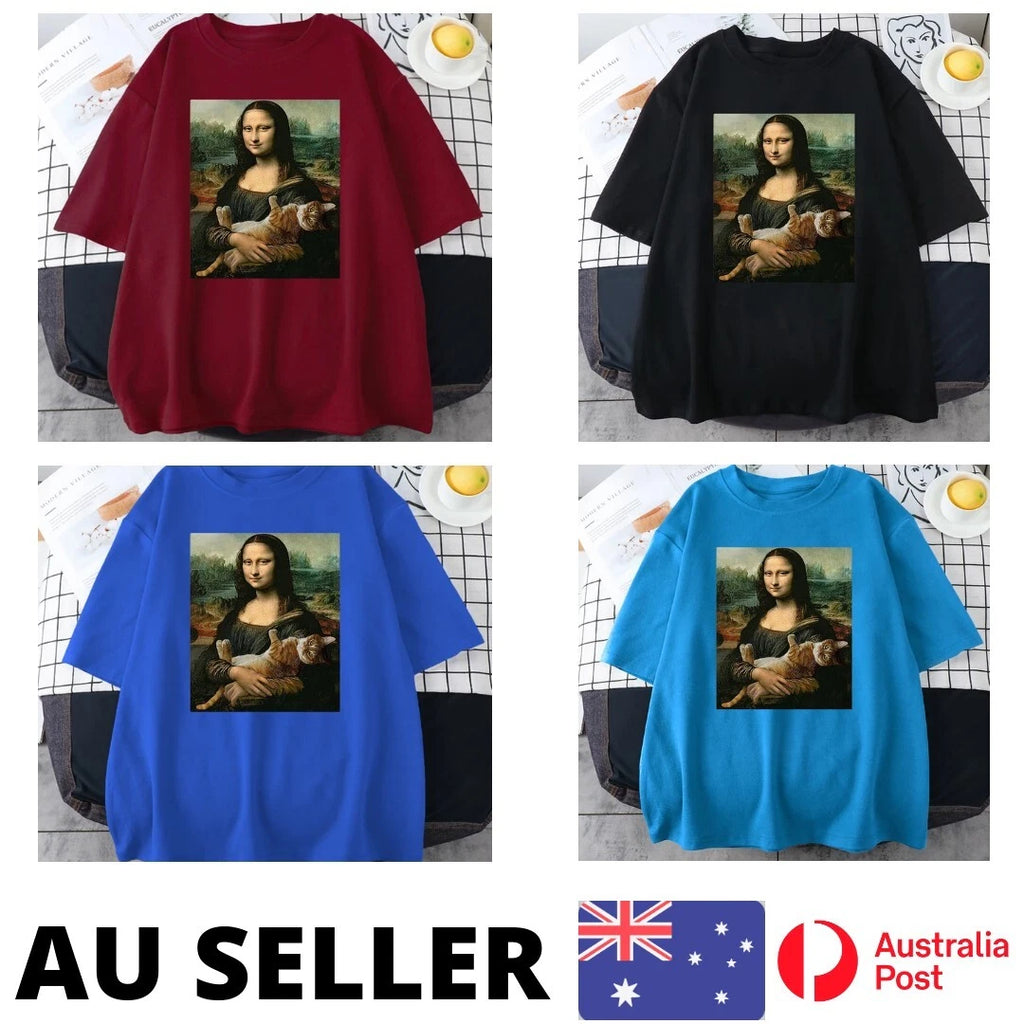 Famous Painting Mona Lisa Shirt Hold Cat Creativity - AU Stock