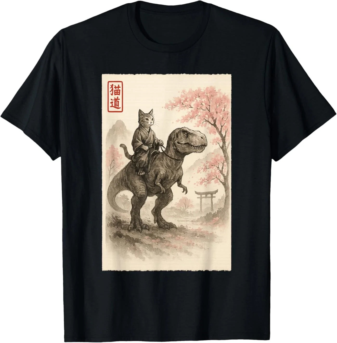 Funny Sumi-e Kawaii Cat Riding Dinosaur Japanese Art T-Shirt