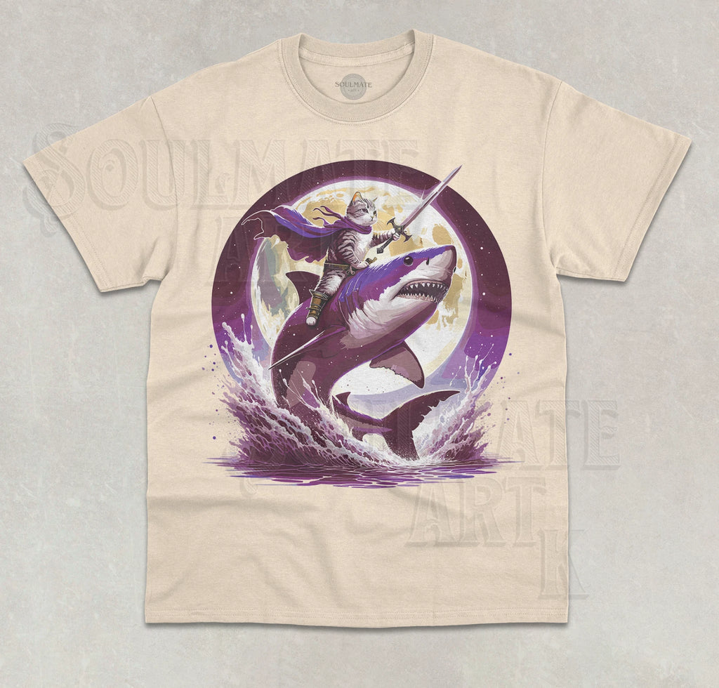 Cat Riding Shark Moon T-Shirt Shark Lover Rider Aesthetic Unisex Graphic Shirt