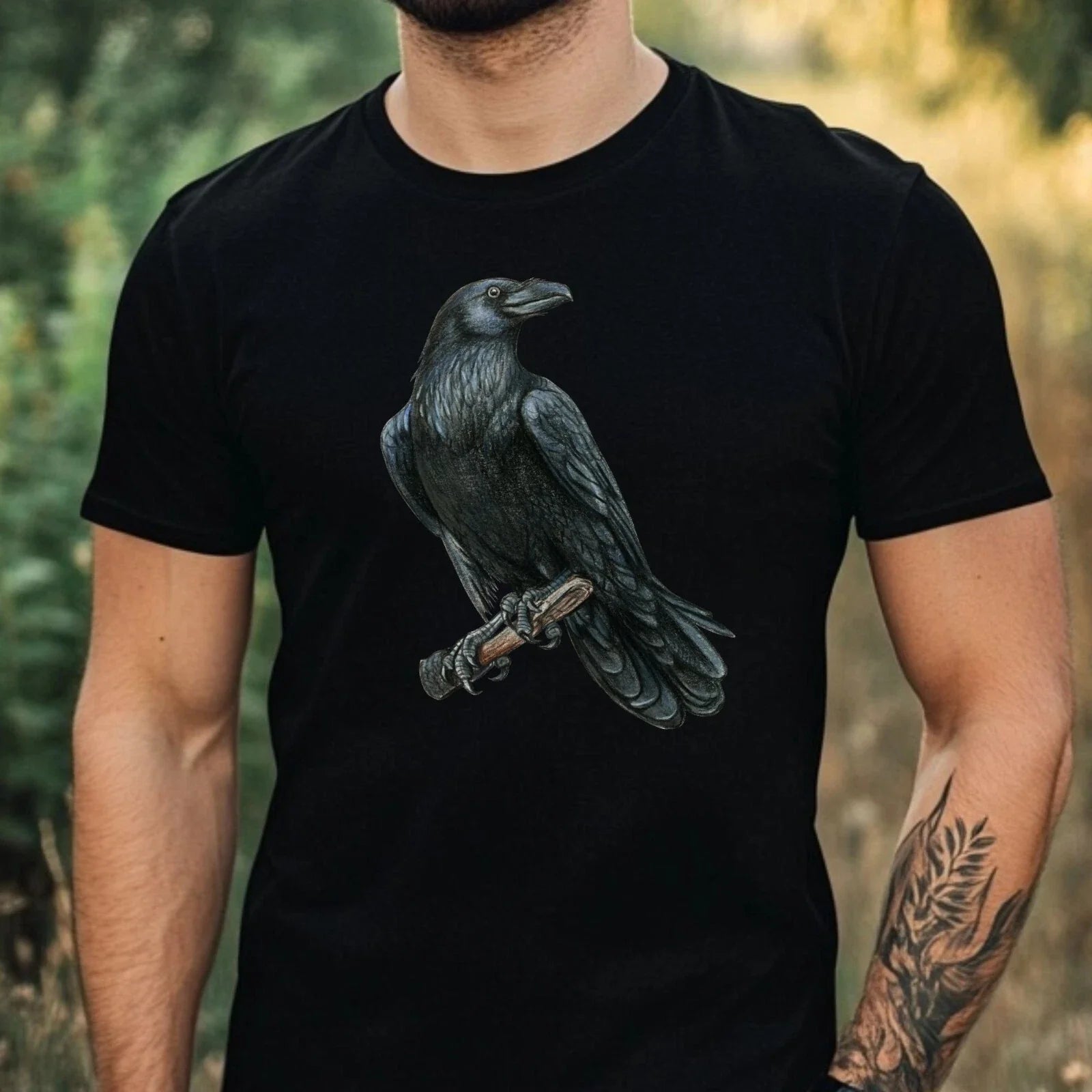 Mens Black Raven Motif Cotton T-Shirt Size XS to 5XL