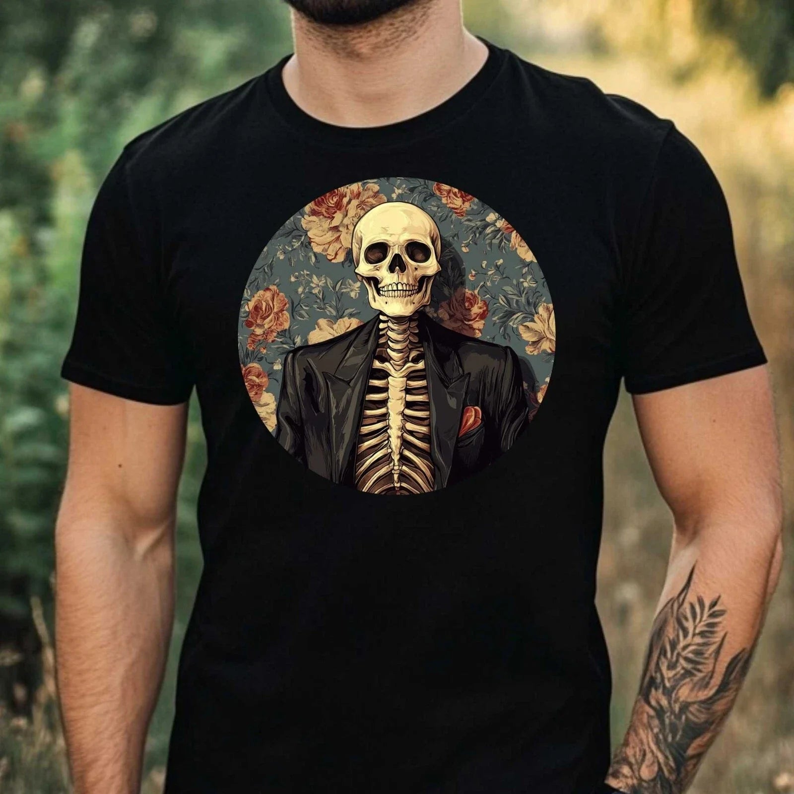 Mens Skeleton Portrait Motif Cotton T-Shirt Size XS to 5XL