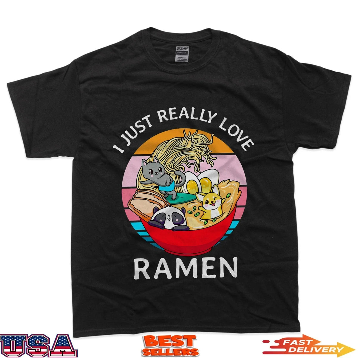 I just really love ramen cat dog panda kawaii sunset anime T-Shirt