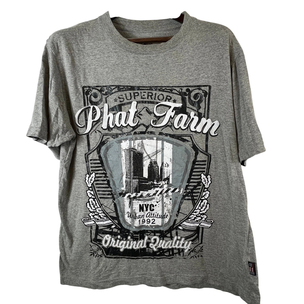 Phat Farm Mens L Graphic T Shirt Gray NYC Urban Streetwear Y2K Tee