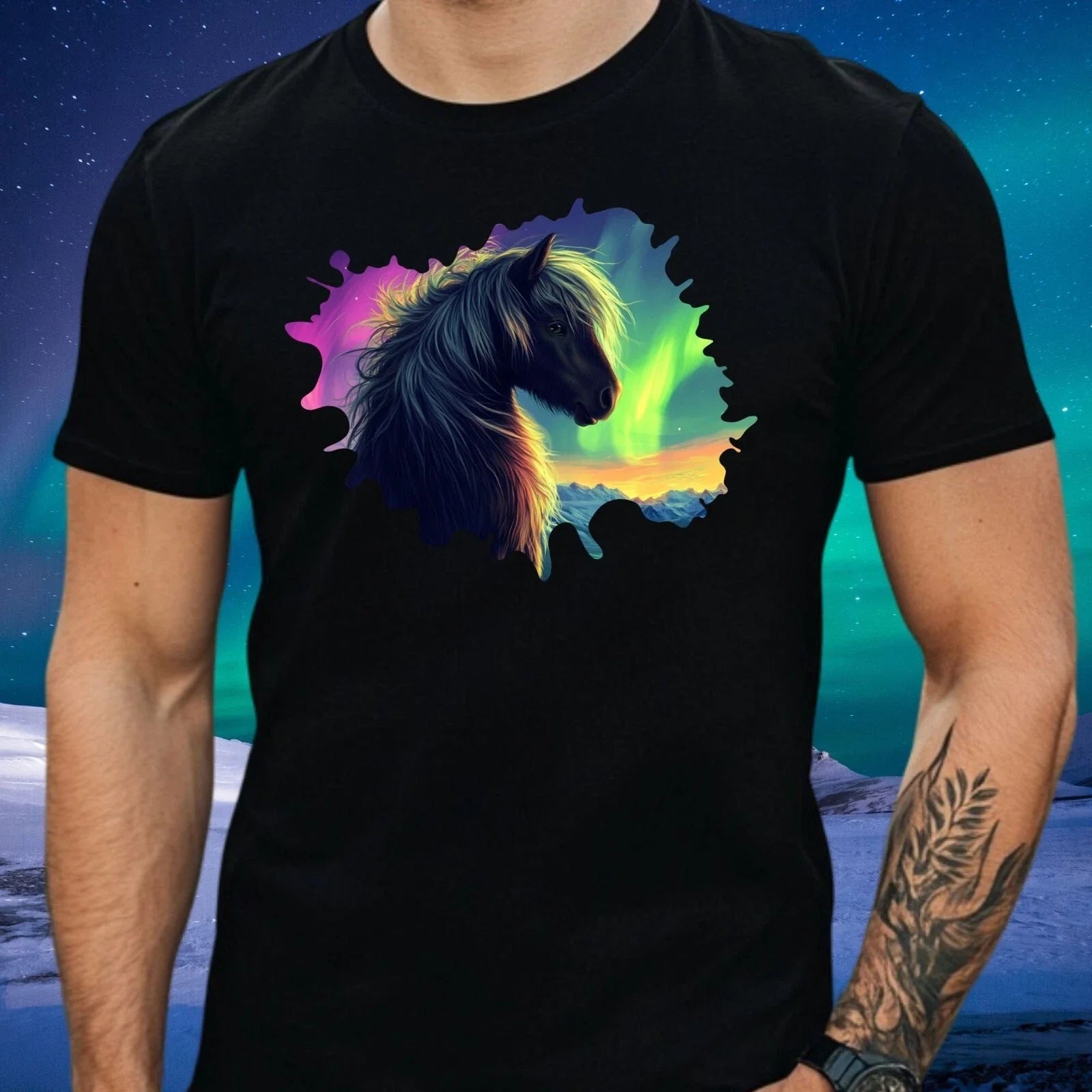 Mens Shetland Pony Northern Lights Print Cotton T-Shirt Size XS to 5XL