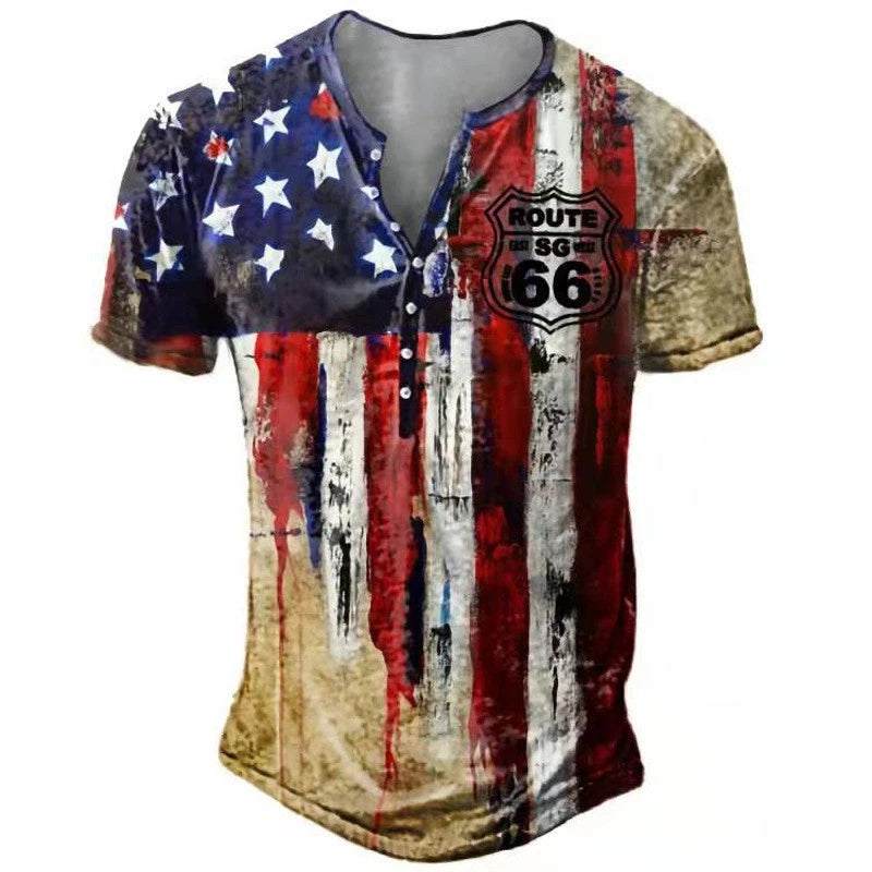 ROUTE 66 USA Flag 3D Streetwear T-Shirt Tee Casual Short Sleeve Polyester