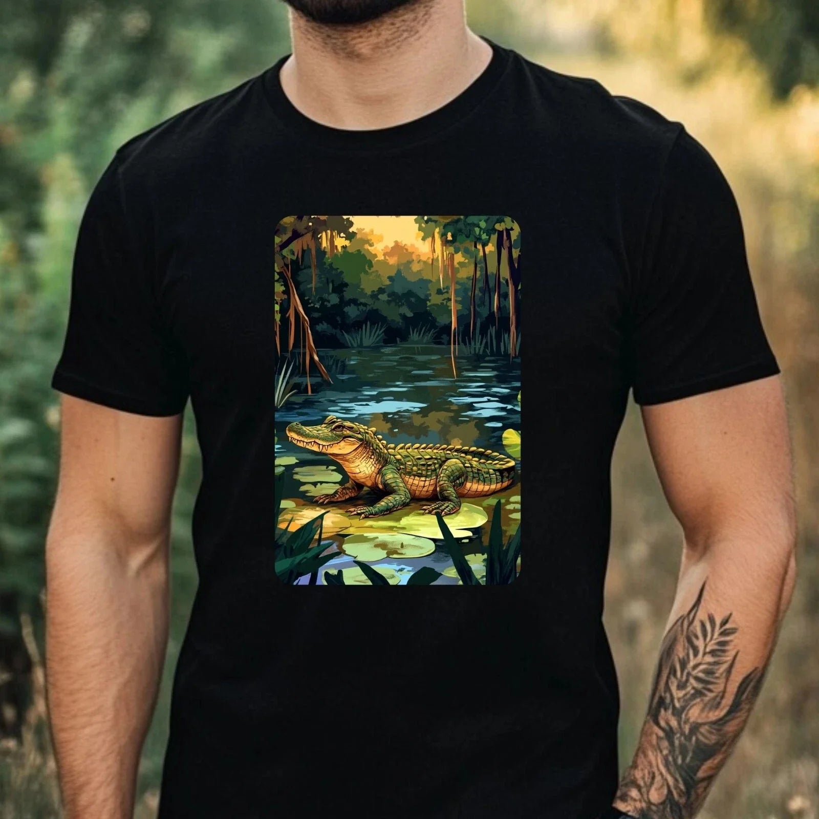 Mens Crocodile Swamp Print Cotton T-Shirt Size XS to 5XL