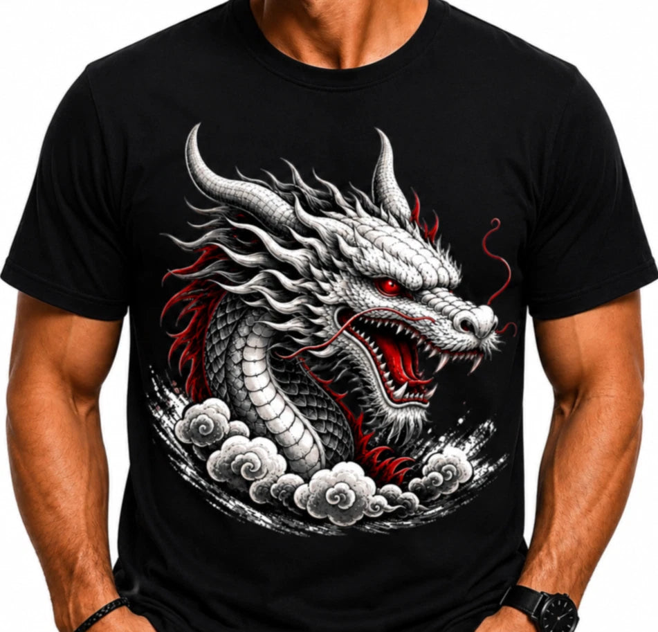 Japanese Dragon Head Graphic T-Shirt Men’s Black Oriental Tattoo Style Tee