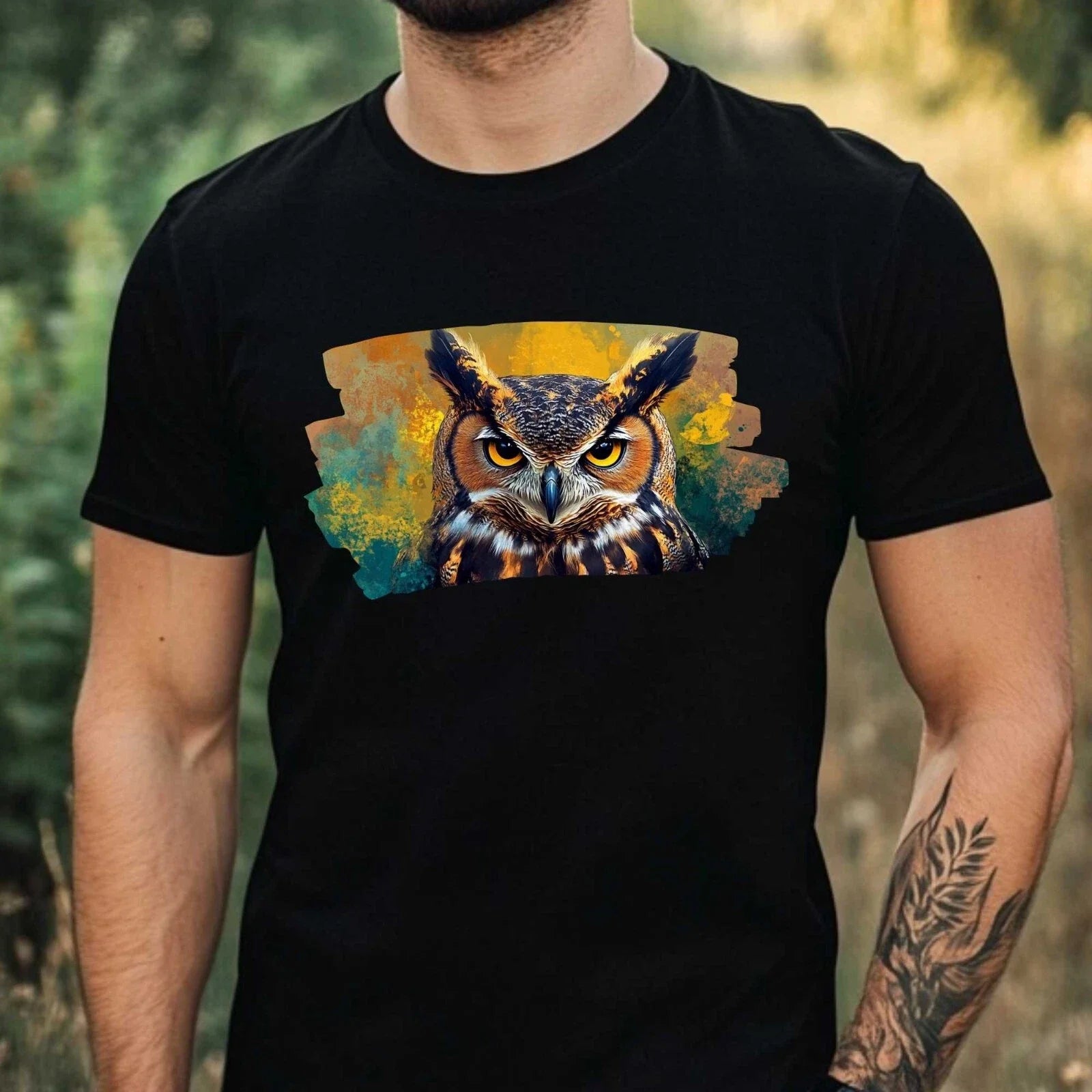 Mens Owl Anime Style Print Cotton T-Shirt Size XS to 5XL