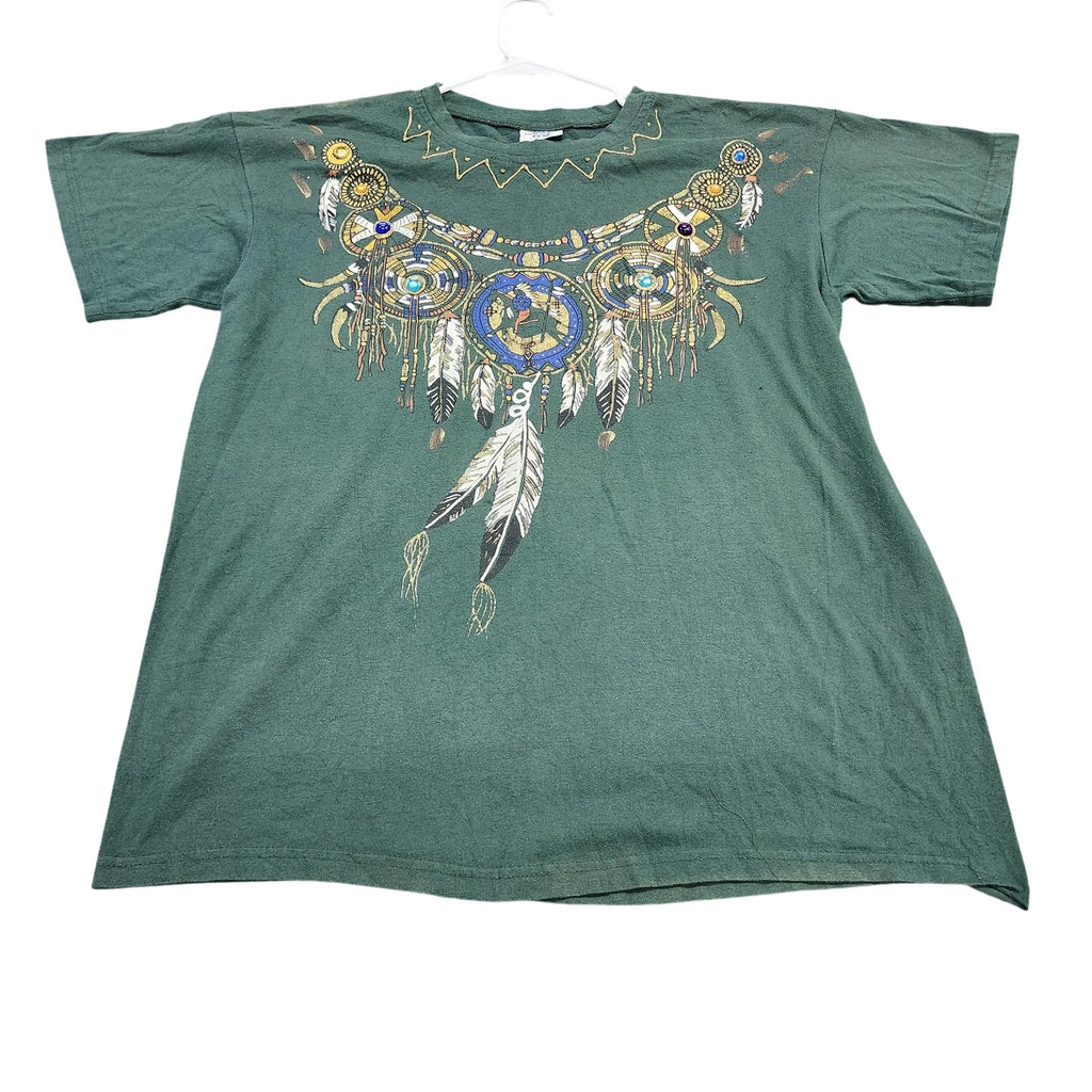 Vintage NU Dimension Shirt Mens XL Green Cat Feather Graphic Tee Boho Made USA
