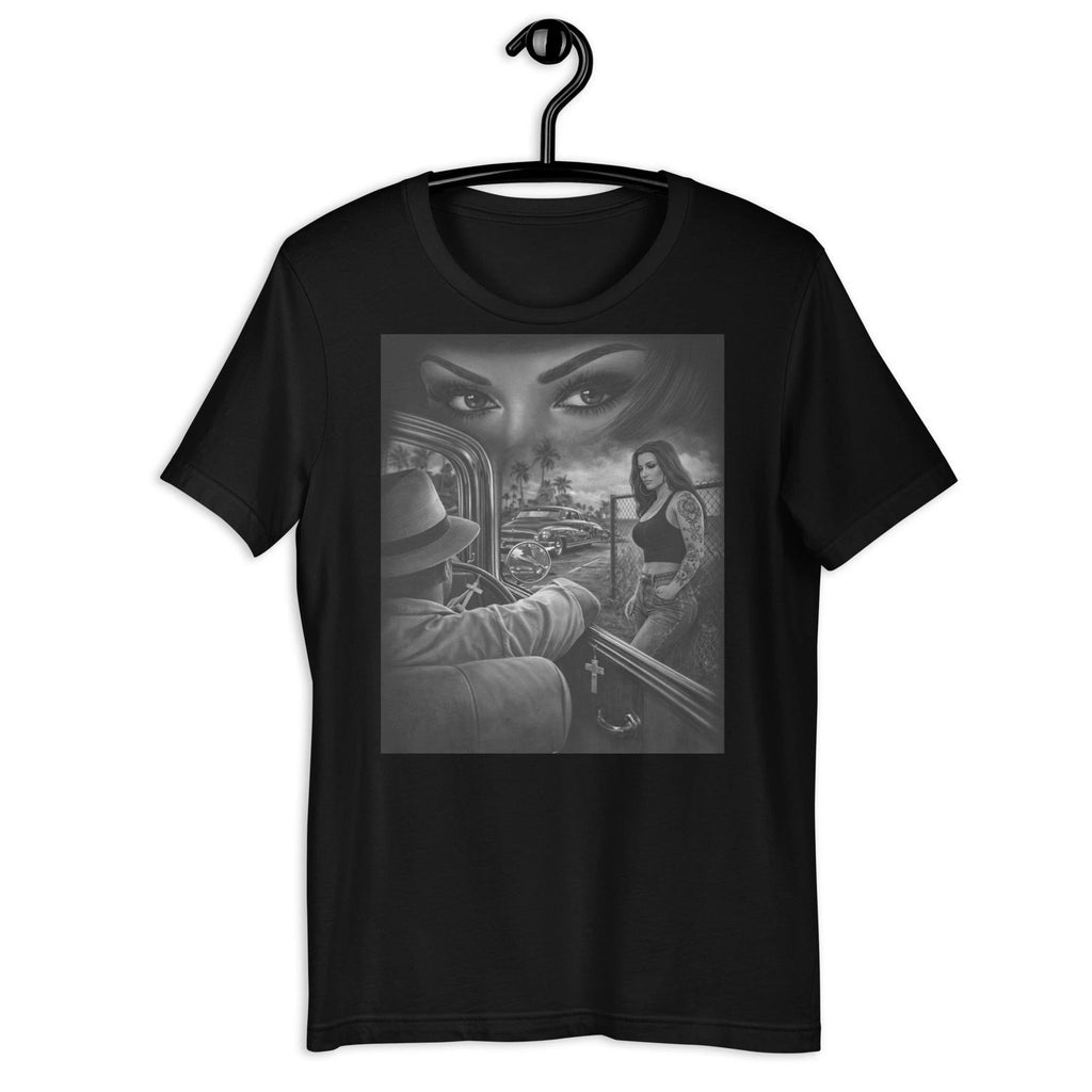 Chicano Lowrider Love Street Scene Black White Tattoo Girl T-Shirt Design