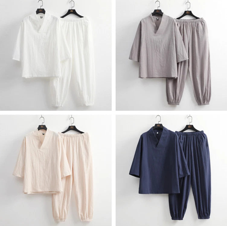 Men Summer Cotton Linen Tang Suit 3/4 Sleeve Casual Han Fu T-Shirt and Pants Set