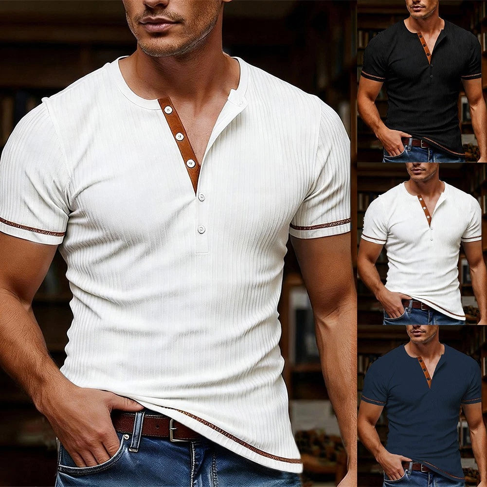 Men's V Neck Short Sleeve T Shirt Solid Color Casual Breathable Slim Fit Top