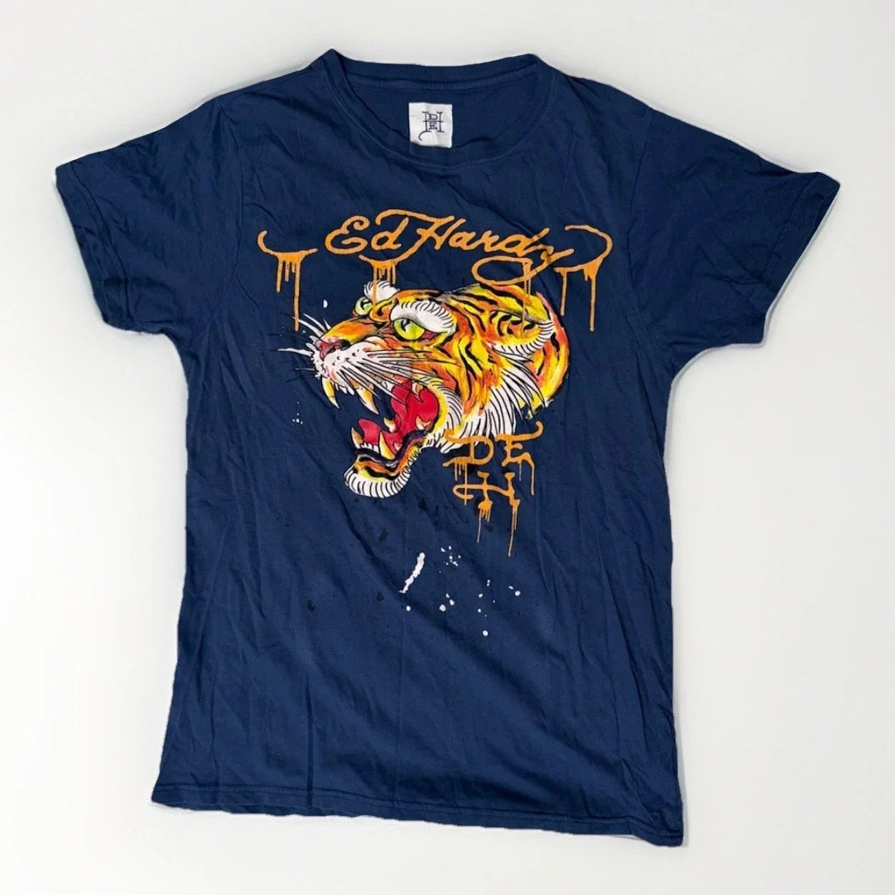 Ed Hardy Tiger Graphic T Shirt Mens Medium Blue Front Back Print Y2K Tattoo Tee