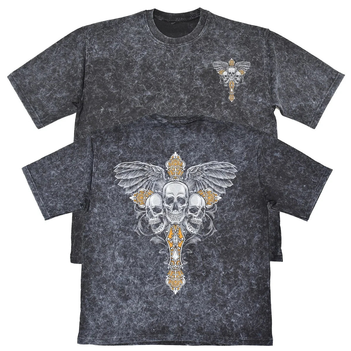 Three Skulls Wings Cross Mens Carbon Grey Heavyweight 240gsm Vintage T-Shirt