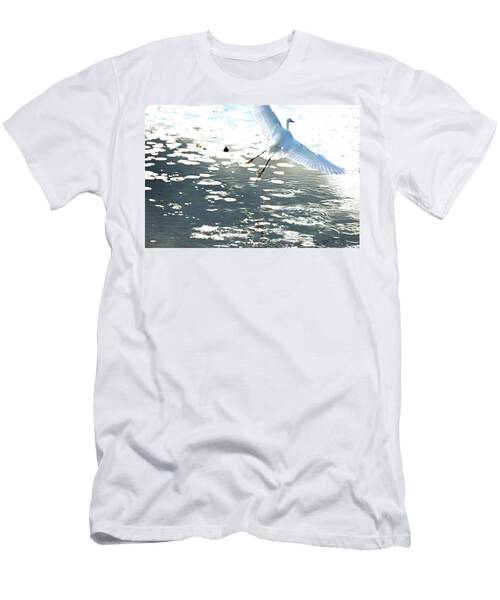 Snowy Egret Taking Flight Into Light T-Shirt