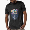 astronaut flies in space with balloon planets and moons vector artwork by teemix