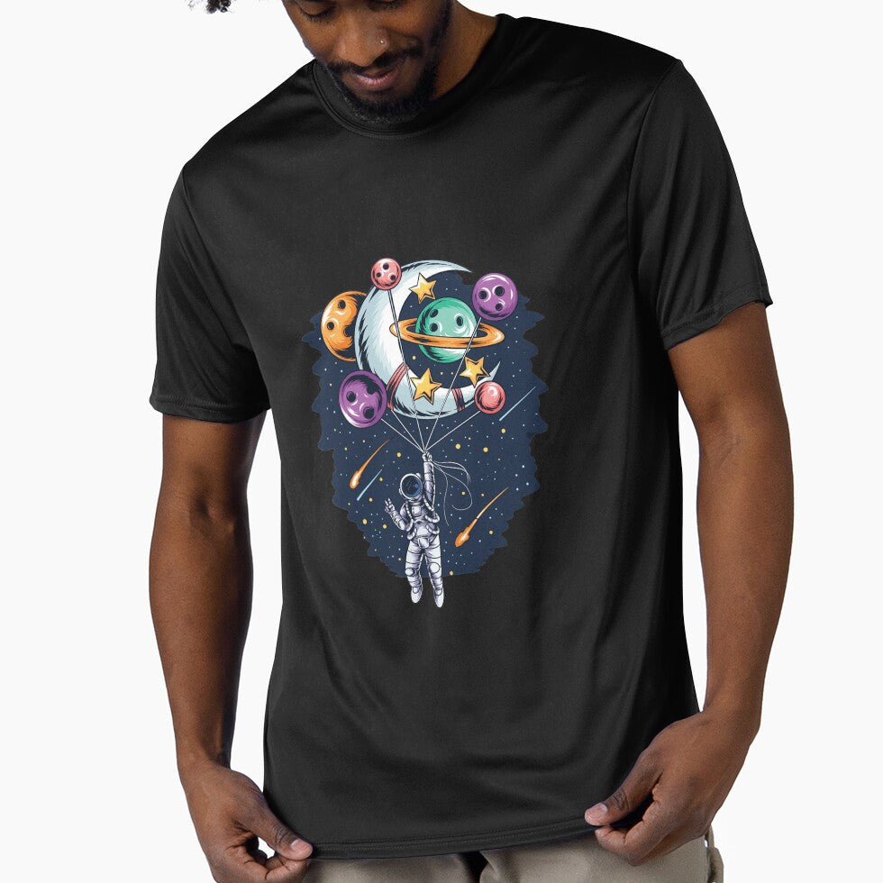 astronaut flies in space with balloon planets and moons vector artwork by teemix
