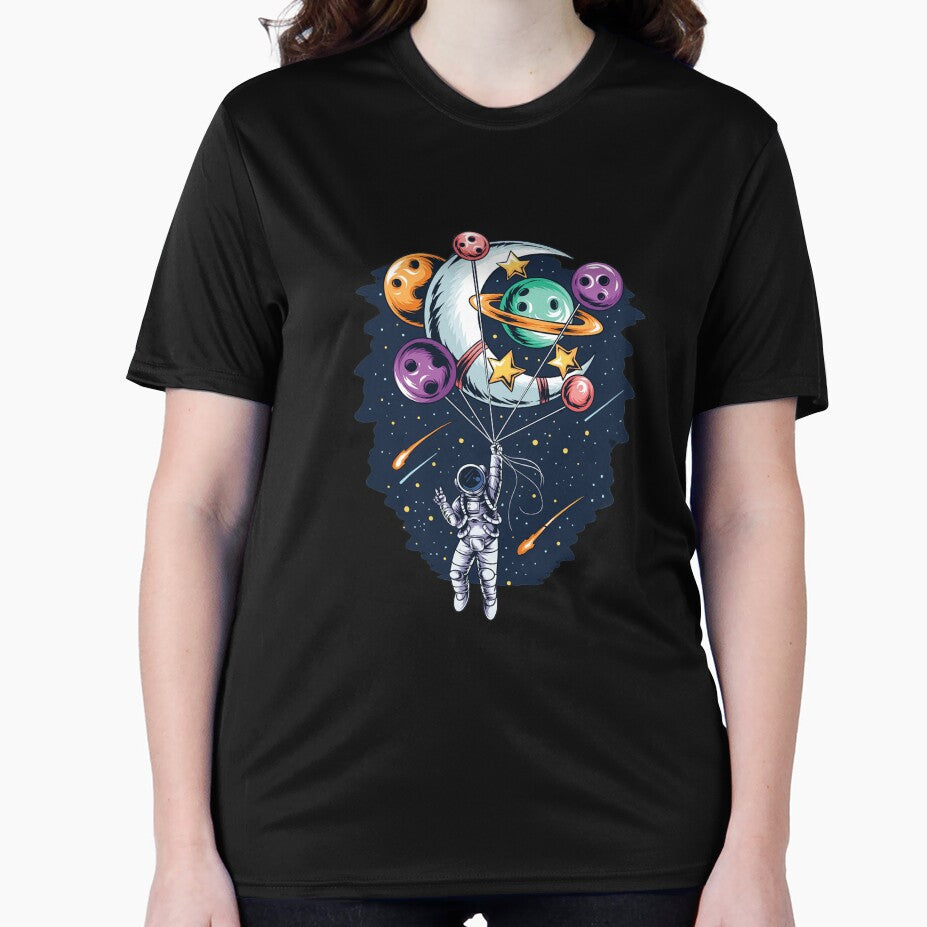 astronaut flies in space with balloon planets and moons vector artwork by teemix