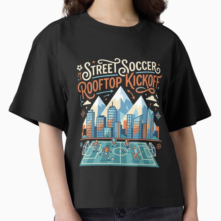 Street Soccer Rooftop Kickoff - Urban Mountain Cityscape Art by HappySproutArt