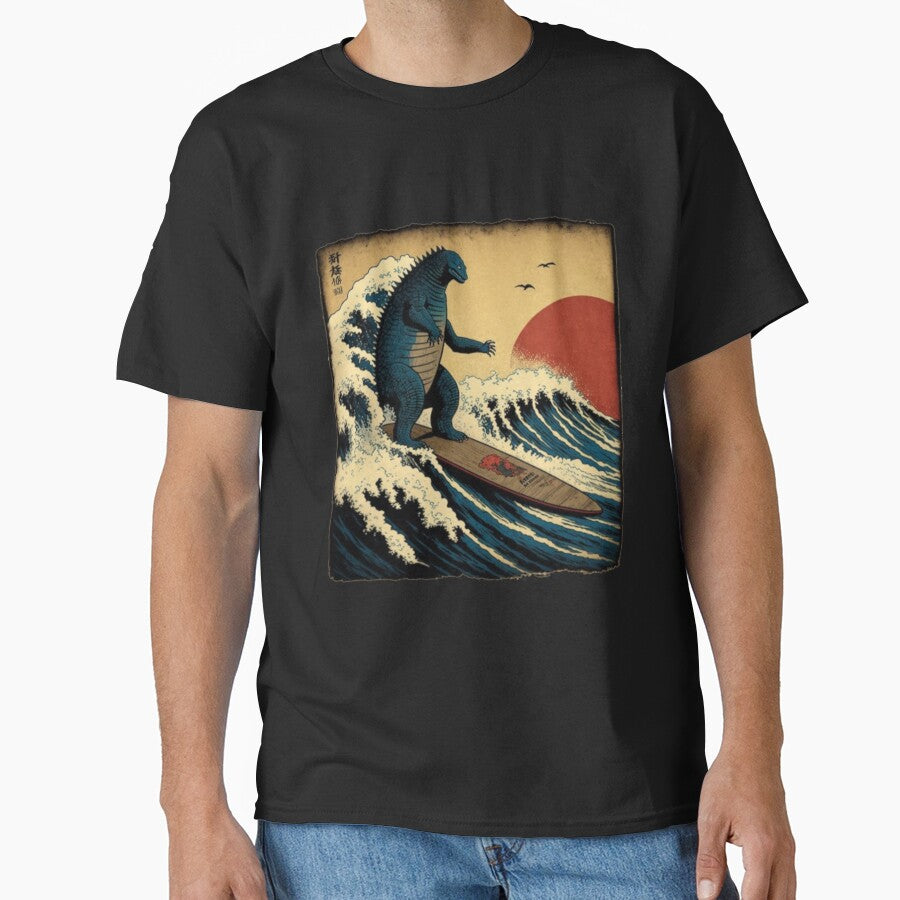 Godzilla Surfing The Great Wave by Hokusai Funny Parody by Robert Diebold