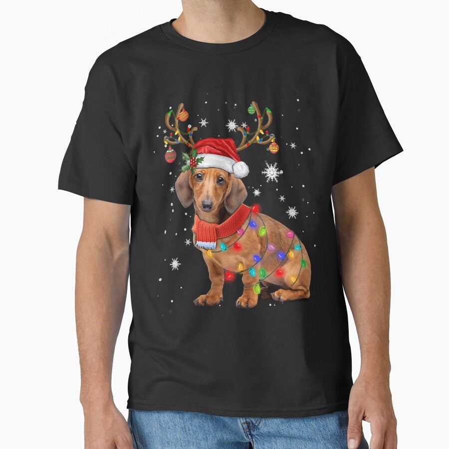 Funny Daschund Dog Christmas Reindeer Santa Hat Xmas Light Pajama by ndavis173
