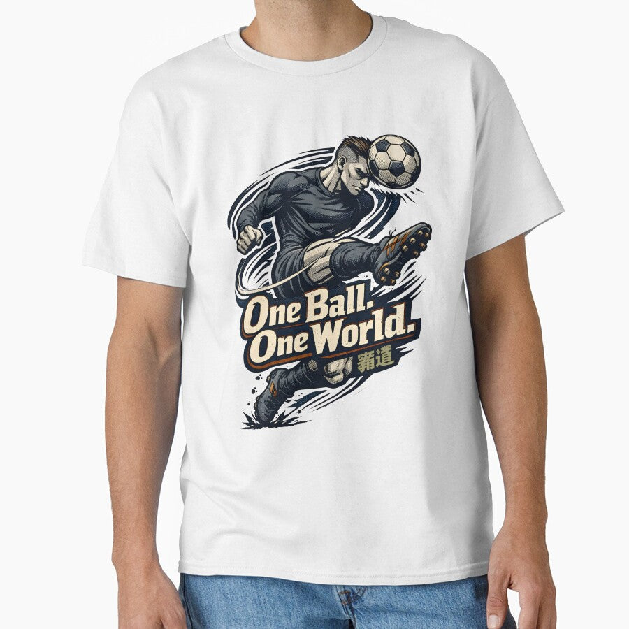 Dynamic Anime Soccer Player Action Art - One Ball One World Global Football Unity Illustration - Intense Striker Mid-Air Kick Manga Style Graphic - Sport Motivation and World Cup Spirit by Vivaan Studio
