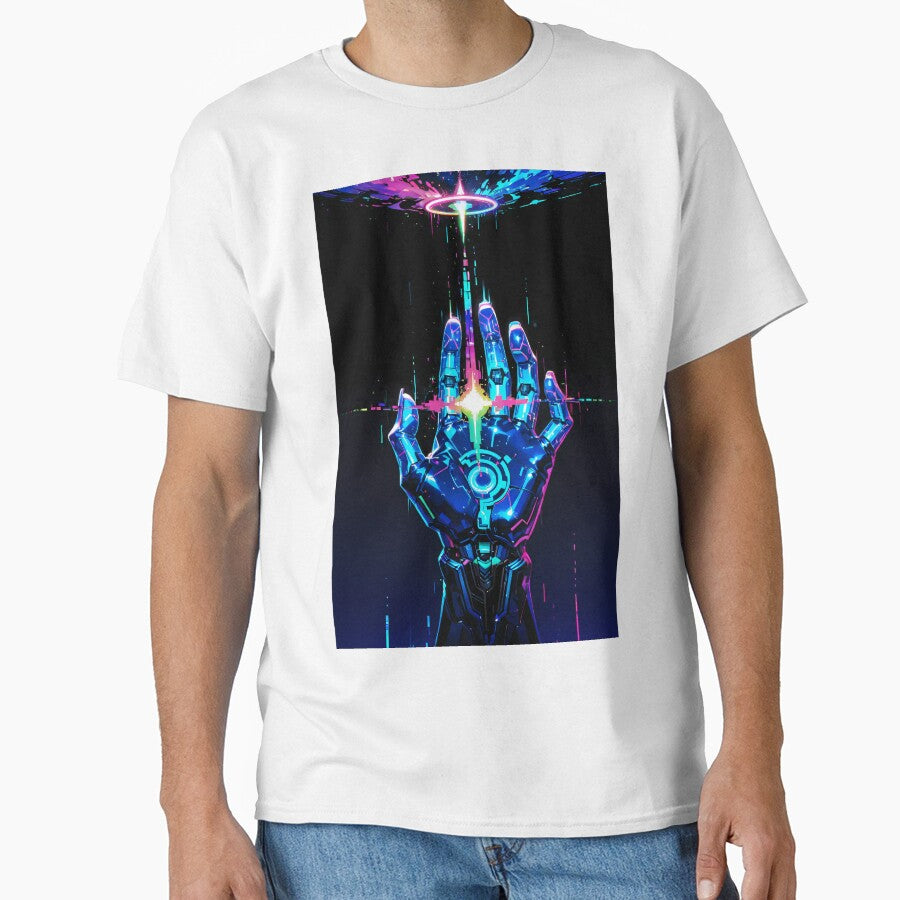 Cybernetic Hand Reaching for Neon Energy Portal – Sci-Fi Tech Glitch Art by Xynith