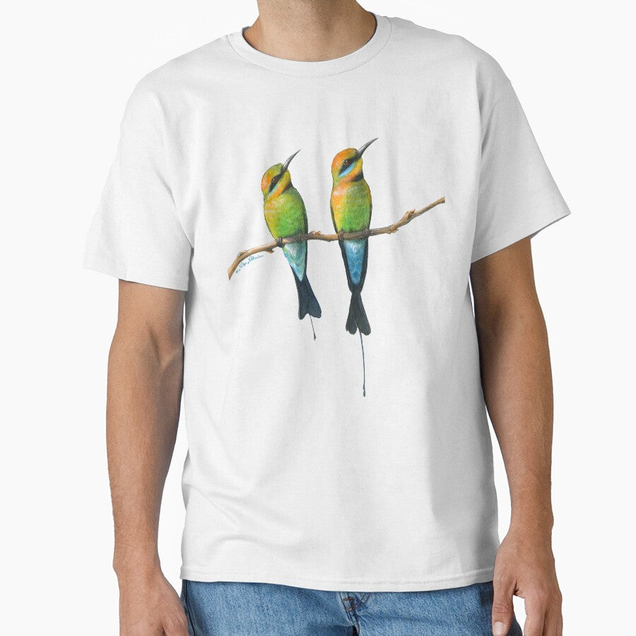 Rainbow Bee-Eaters Watercolour Design - Blue Background by Nadya Neklioudova