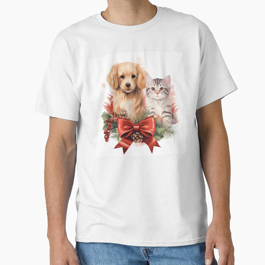 Adorable dog and cat Christmas holiday print by dcrc