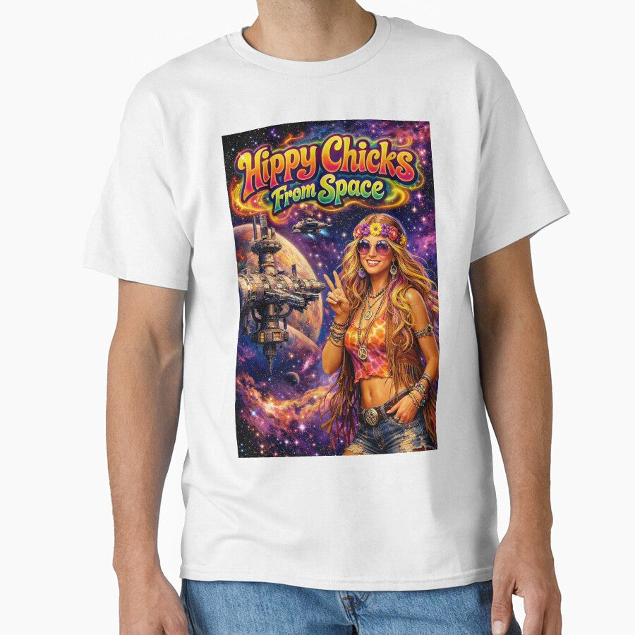 Hippy Chicks From Space - Groovy Space Hippie Girl with Peace Sign & UFO Poster by David Brookes Digital