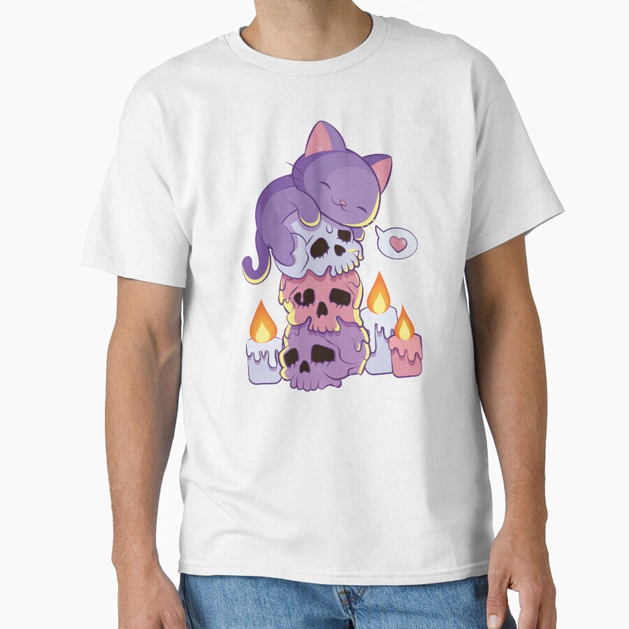 Purple Cat on Skulls Creepy Cute Aesthetic Anime Kawaii Pastel Goth by Irene Koh
