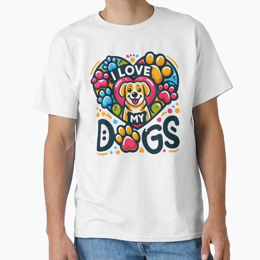 Cute Dog Illustration with "I Love My Dogs" Heart and Paw Prints. by The-T-In-Retro