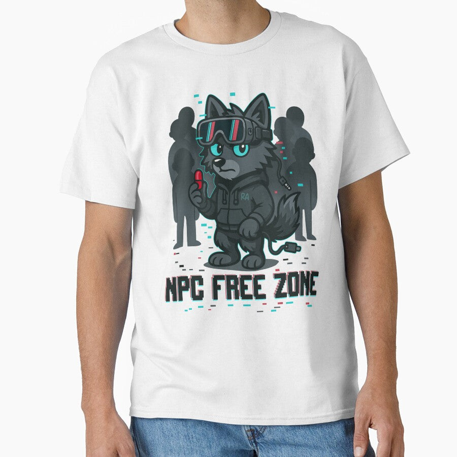 NPC Free Zone – Anti Conformist Wolf with Red Pill and Glitch Style by Rebel Animal
