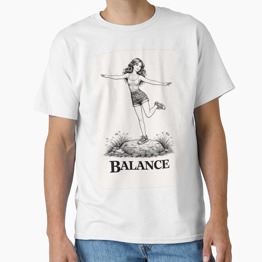 Balance Aesthetic Vintage Girl Black and White Minimalist Retro 70s Graphic Tee Design by VINTAGEPUNTEES