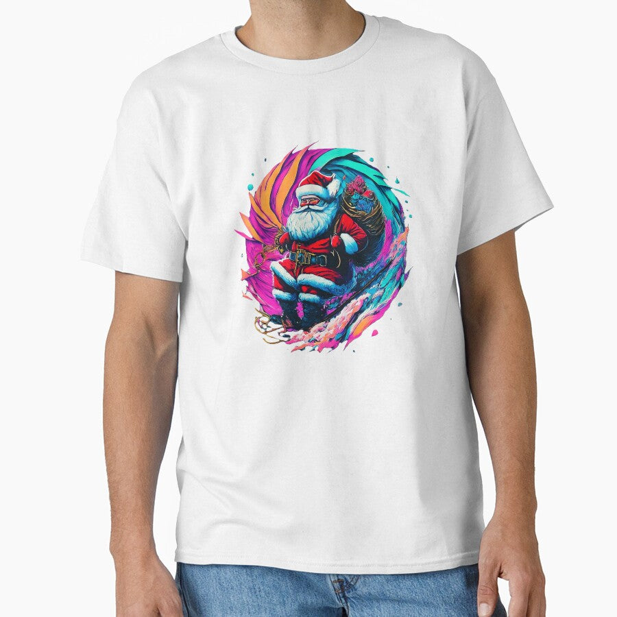Vibrant Santa Claus design , Santa riding the cosmic wave , Colorful and fun festive , Unique Christmas gift by Indyadizine