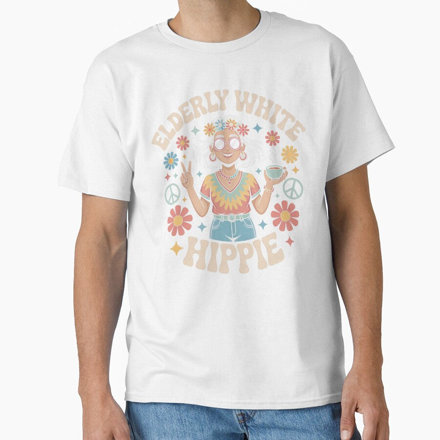 Elderly White Hippie Woman Retro Design – Peace and Love Flower Power Style by PosiMCreations