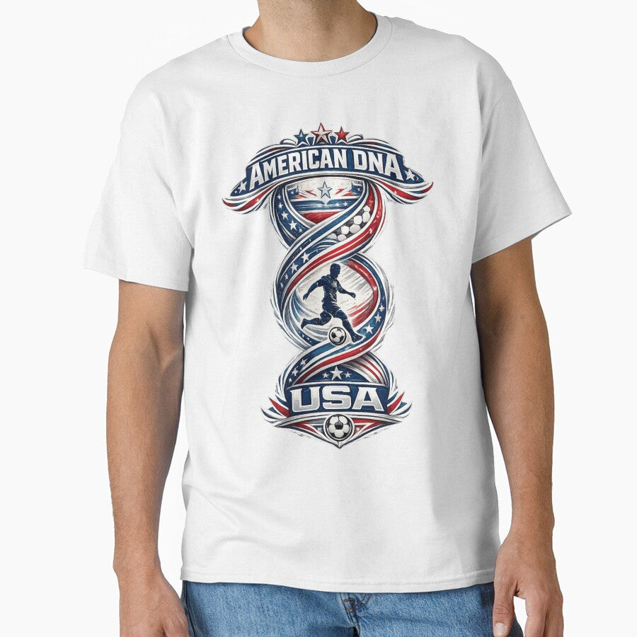 American DNA Football T-Shirt | USA Soccer Fan Design by Atlas Ink Lab