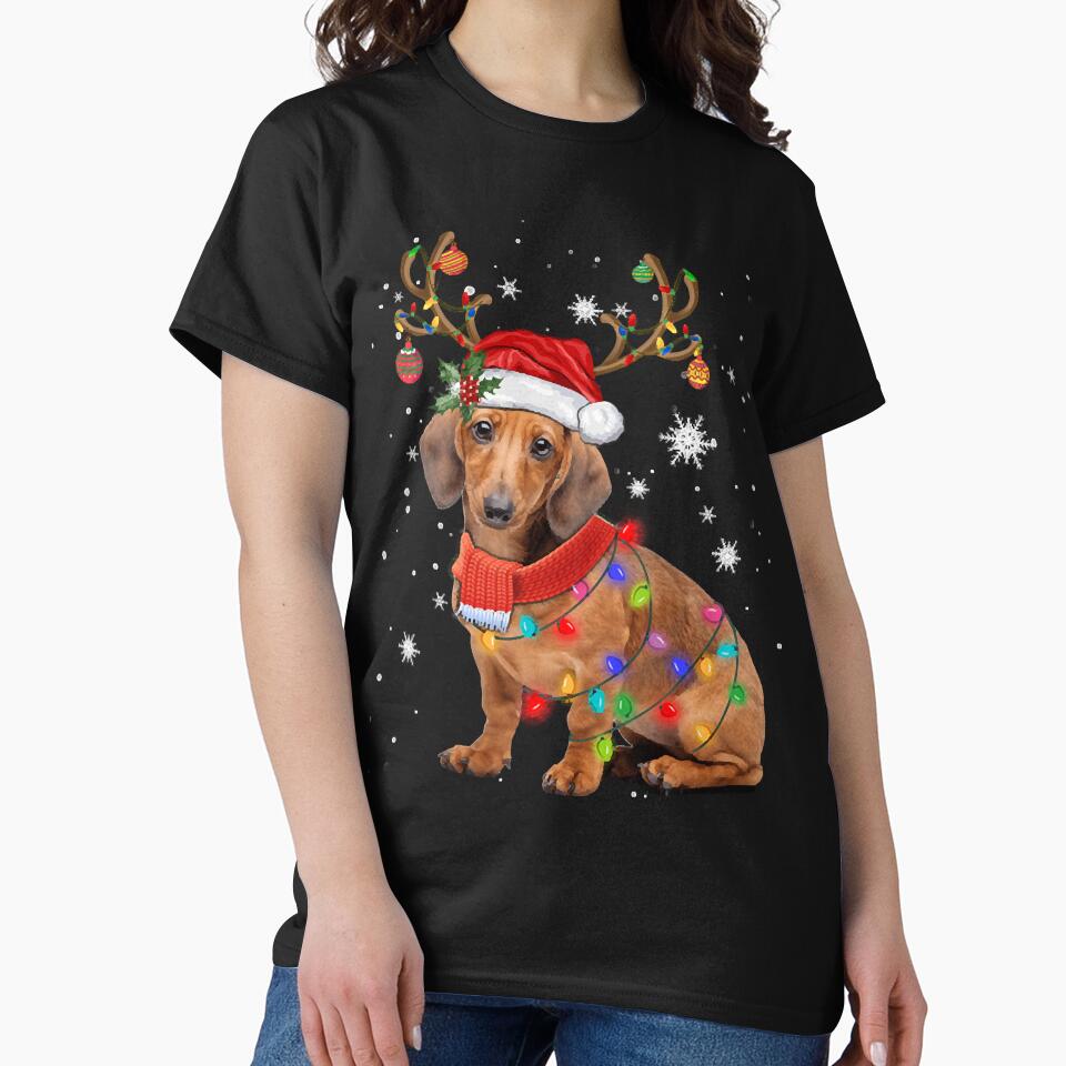 Funny Daschund Dog Christmas Reindeer Santa Hat Xmas Light Pajama by ndavis173