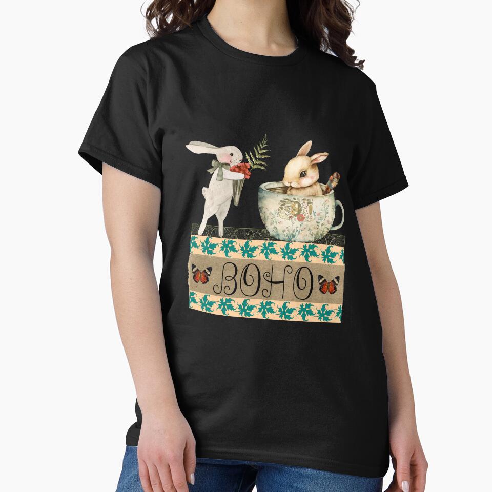 Elegant Boho Rabbit Tea Cup Collage T-Shirt - BOHO by GorinART